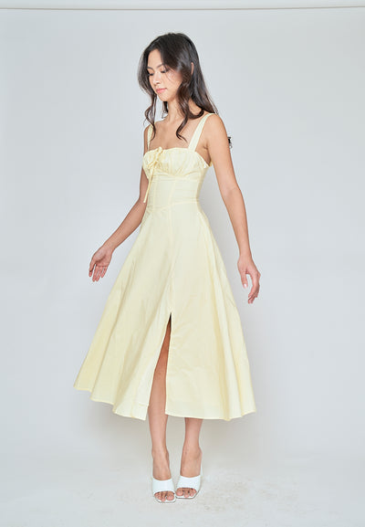 Einnafel Yellow Ruch Tie Bust Sleeveless Side Slit Midi Dress