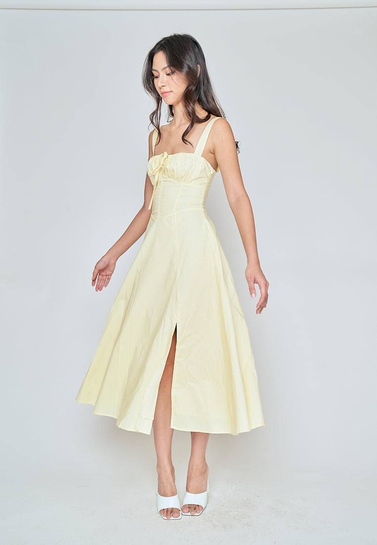 Einnafel Yellow Ruch Tie Bust Sleeveless Side Slit Midi Dress