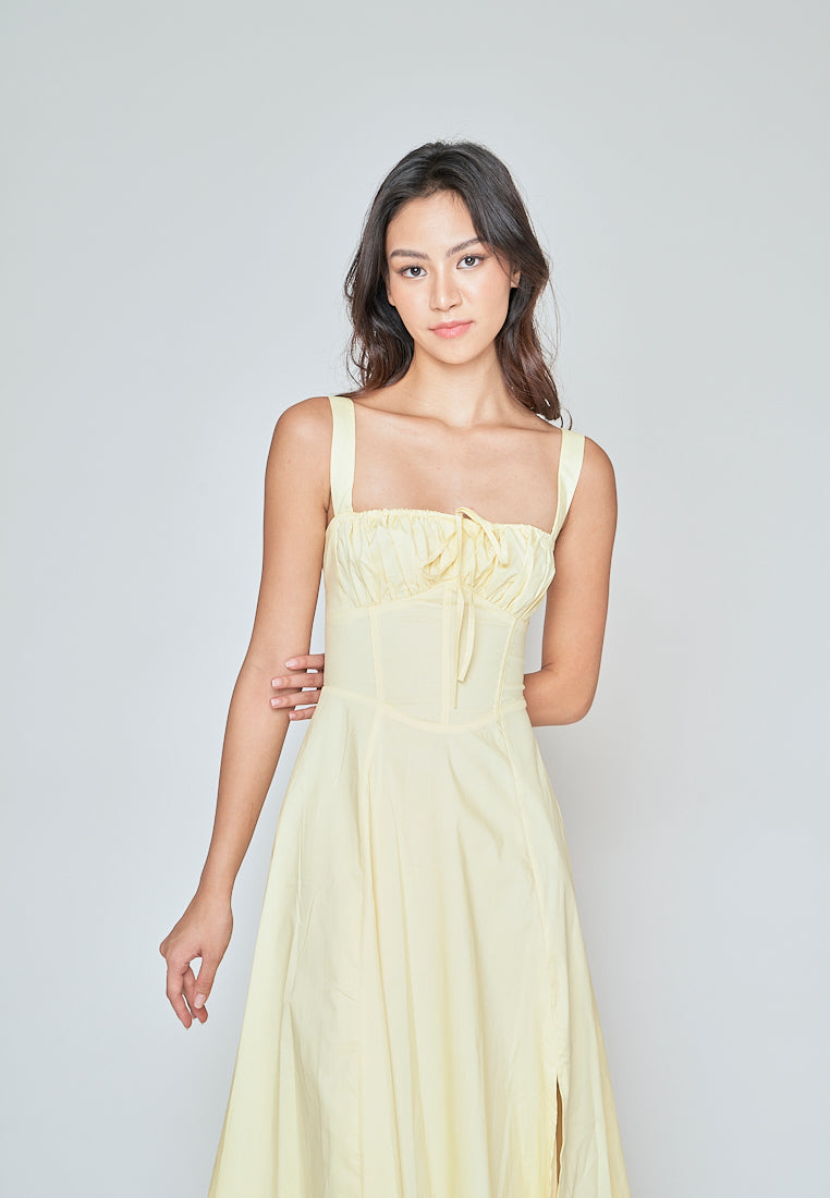 Einnafel Yellow Ruch Tie Bust Sleeveless Side Slit Midi Dress