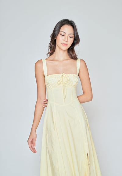 Einnafel Yellow Ruch Tie Bust Sleeveless Side Slit Midi Dress