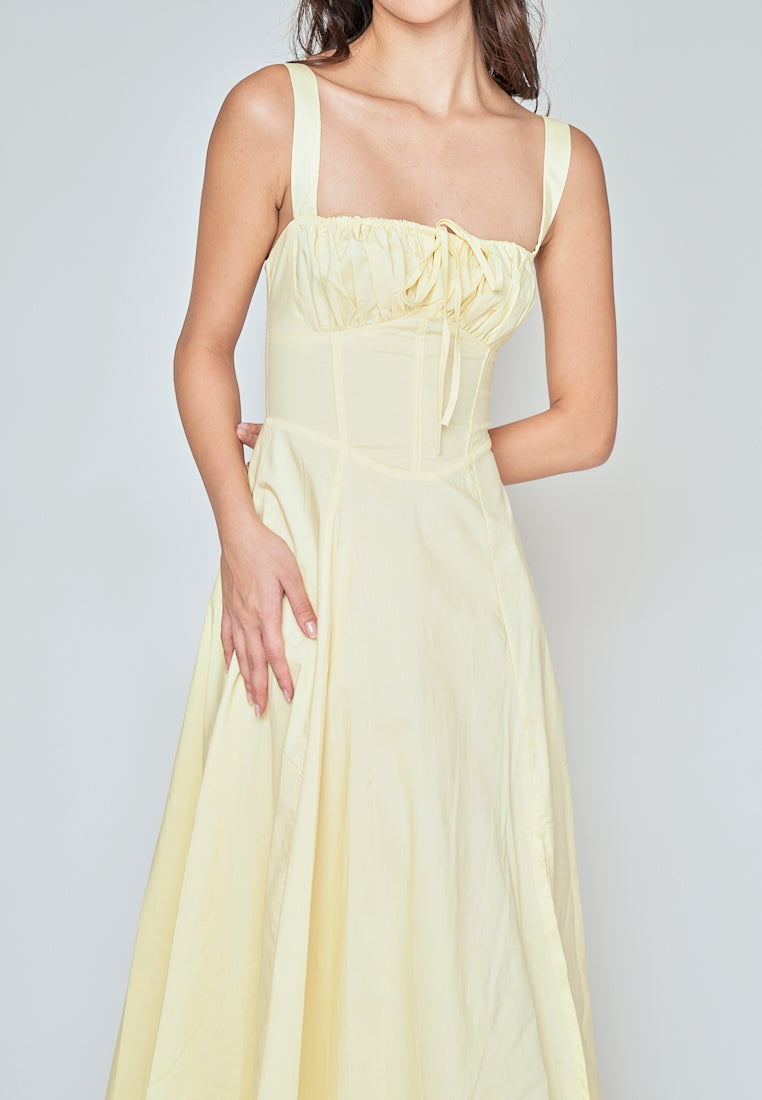 Einnafel Yellow Ruch Tie Bust Sleeveless Side Slit Midi Dress