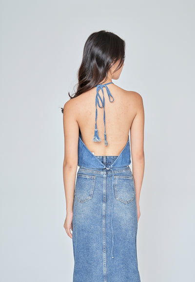 Sharmie Blue Denim Halter Self Tie Strap Open Back Sleeveless Top