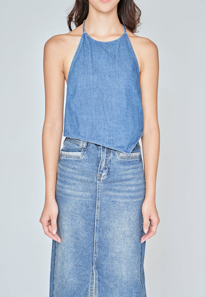 Sharmie Blue Denim Halter Self Tie Strap Open Back Sleeveless Top