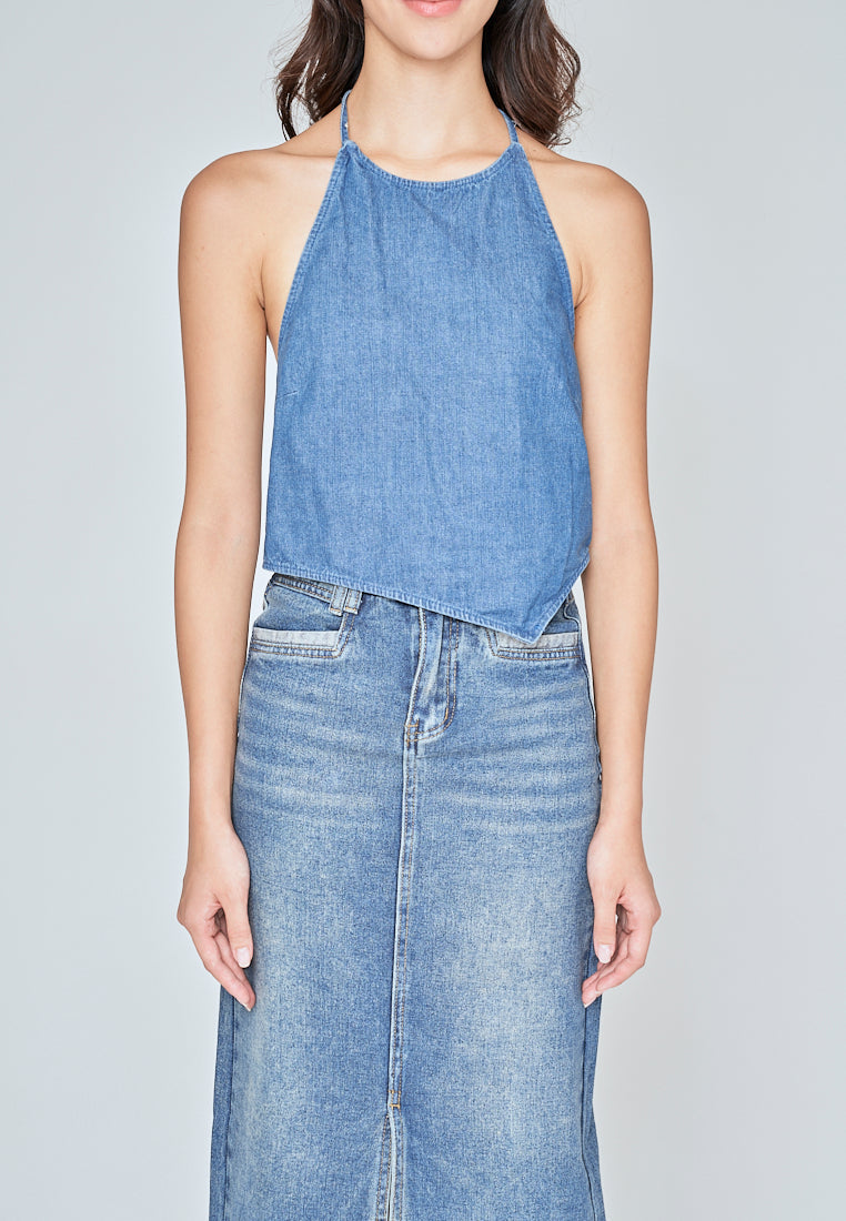 Sharmie Blue Denim Halter Self Tie Strap Open Back Sleeveless Top