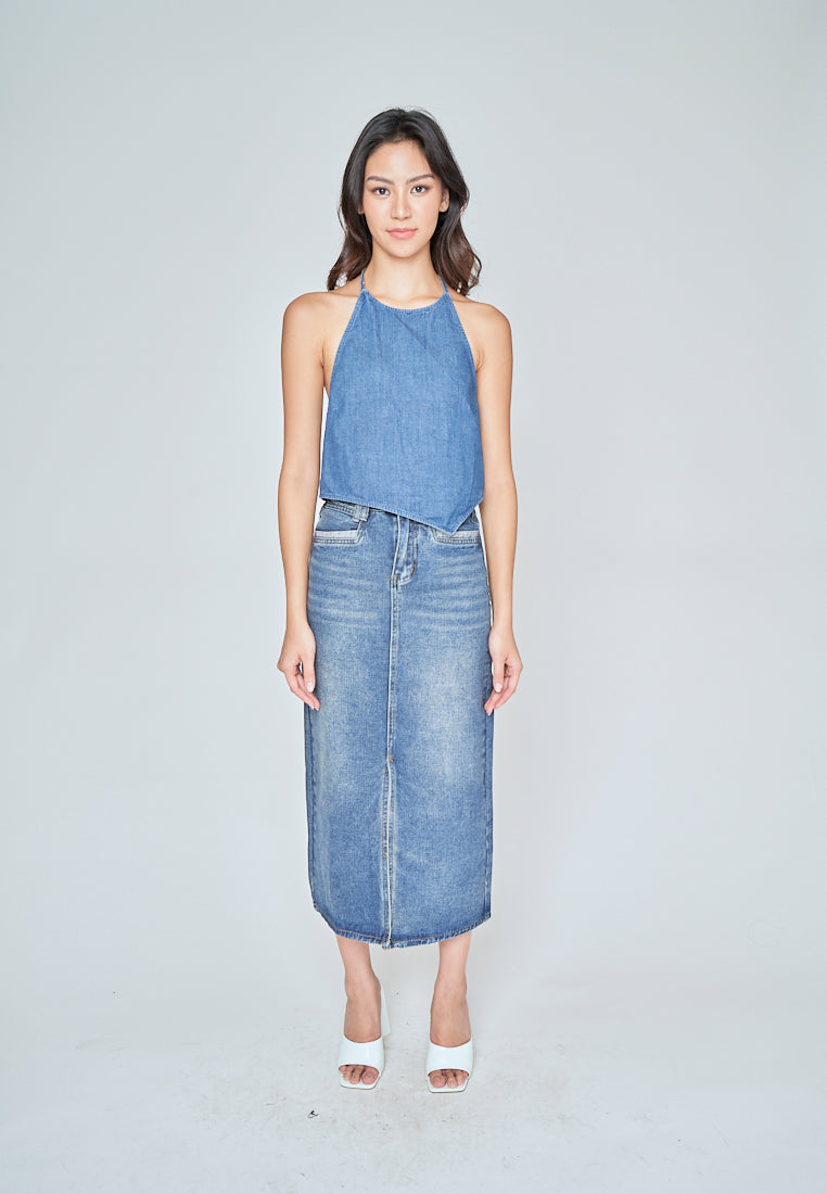 Sharmie Blue Denim Halter Self Tie Strap Open Back Sleeveless Top