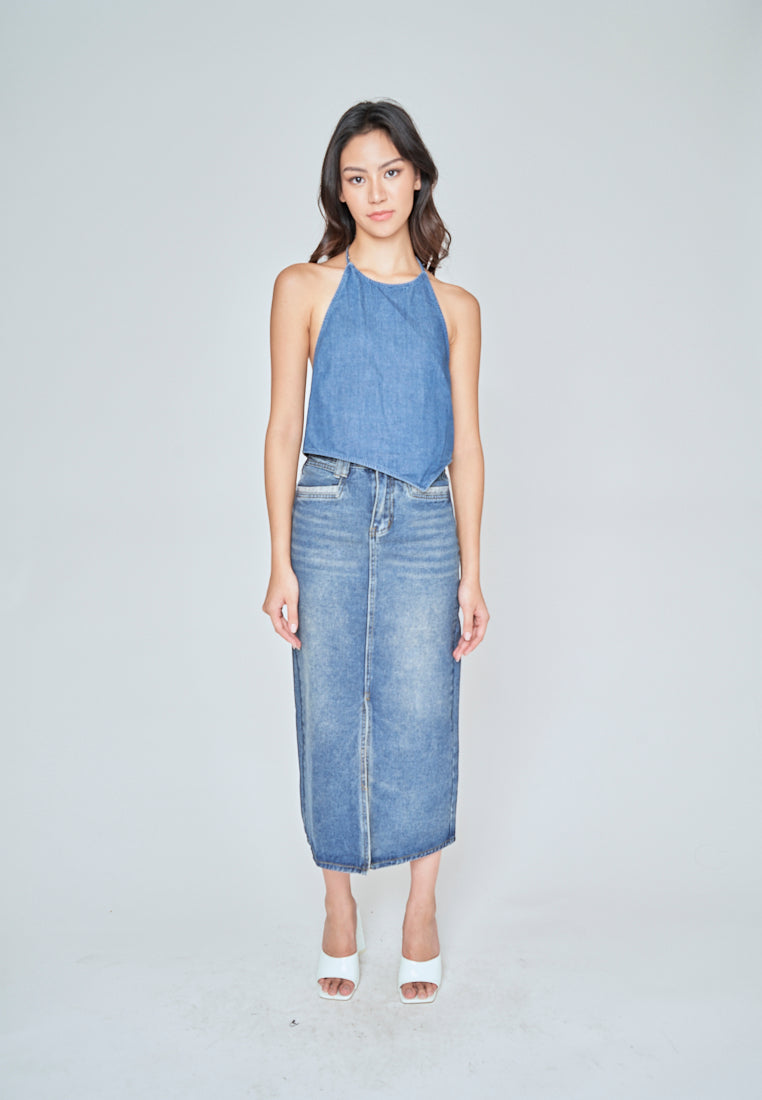 Sharmie Blue Denim Halter Self Tie Strap Open Back Sleeveless Top