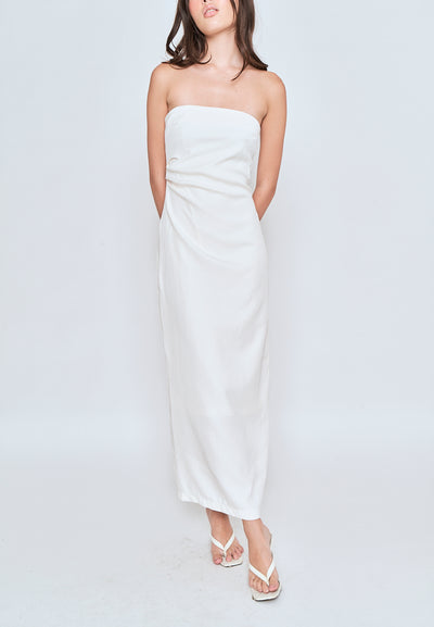 Lynell Cream Ruched Sides Back Slit Tube Midi Dress