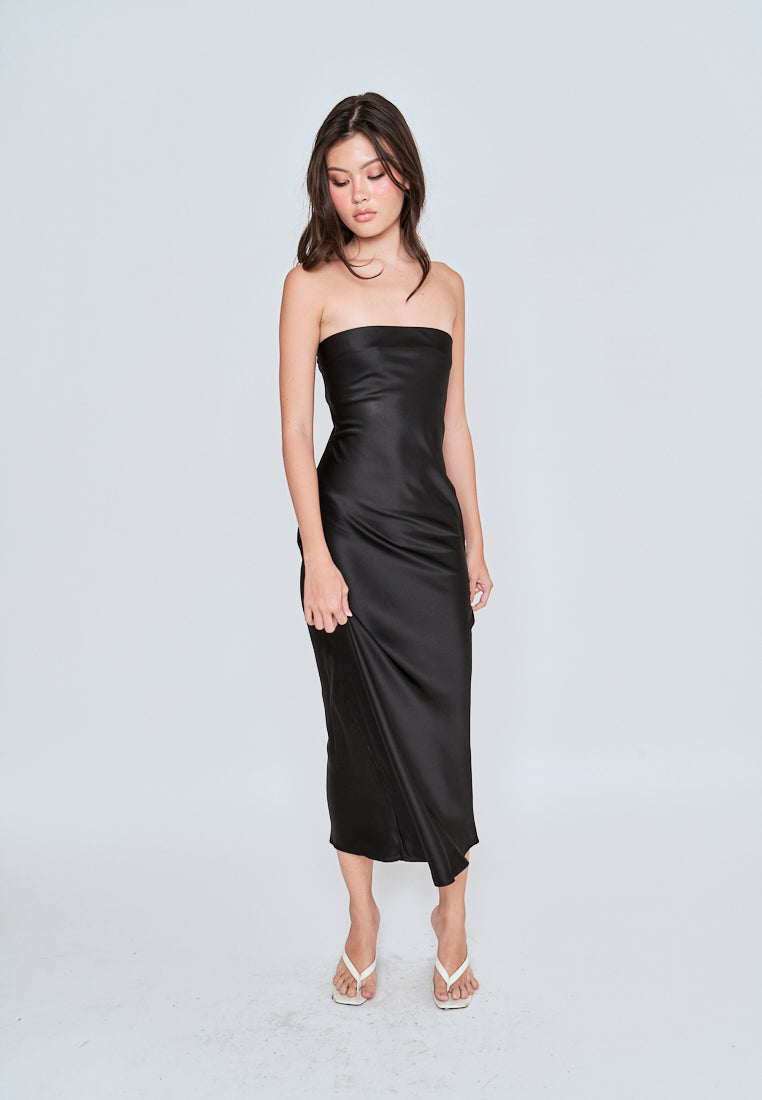 Miyouri Black Side Zipper A-line Tube Midi Dress