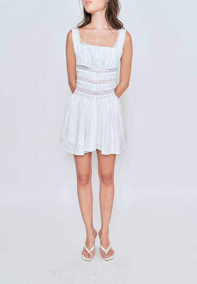 Kyomi White Lace Square Neckline Bow Bust Pleated Sleeveless Mini Dress