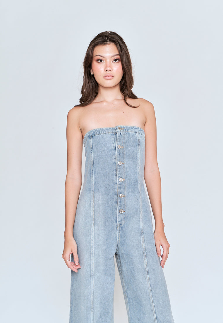 Gypsy Light Blue Denim Buttons Up Straight Cut Tube Jumpsuit