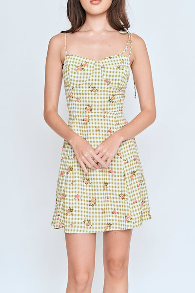 Jiya Green Checkered Floral All Over Print Self Tie Mini Dress