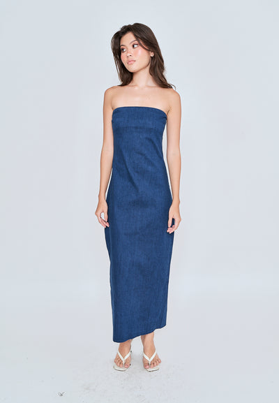 Chase Blue Denim Classic Straight Cut Tube Midi Dress