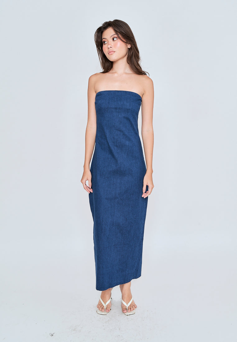 Chase Blue Denim Classic Straight Cut Tube Midi Dress