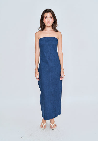 Chase Blue Denim Classic Straight Cut Tube Midi Dress