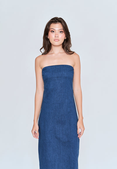 Chase Blue Denim Classic Straight Cut Tube Midi Dress