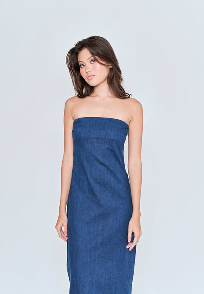 Chase Blue Denim Classic Straight Cut Tube Midi Dress