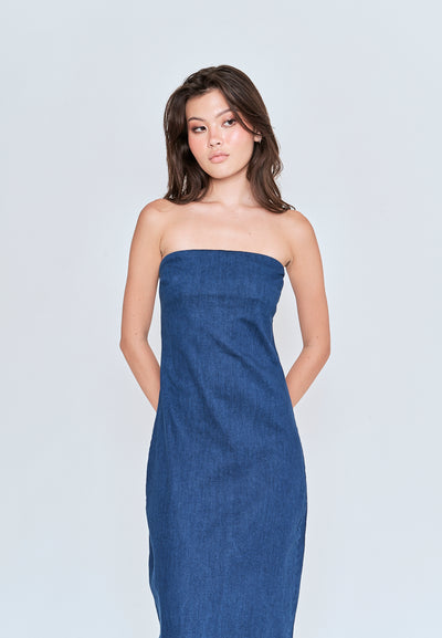 Chase Blue Denim Classic Straight Cut Tube Midi Dress