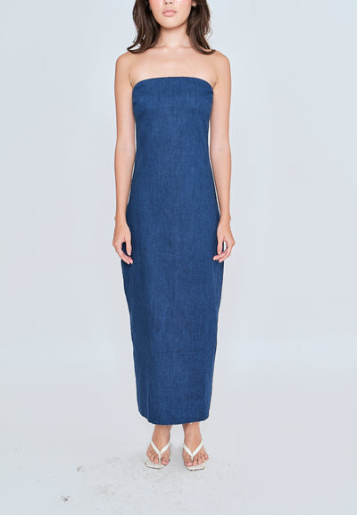 Chase Blue Denim Classic Straight Cut Tube Midi Dress