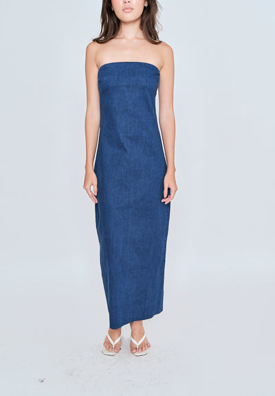 Chase Blue Denim Classic Straight Cut Tube Midi Dress