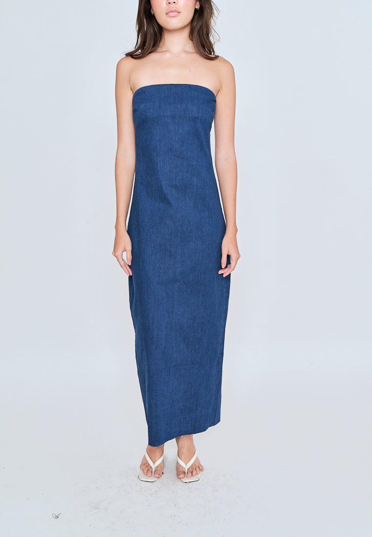 Chase Blue Denim Classic Straight Cut Tube Midi Dress