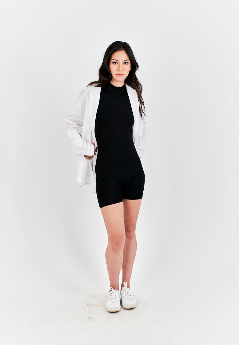 Coreen Black Turtle Neckline Back Zipper Sleeveless Romper