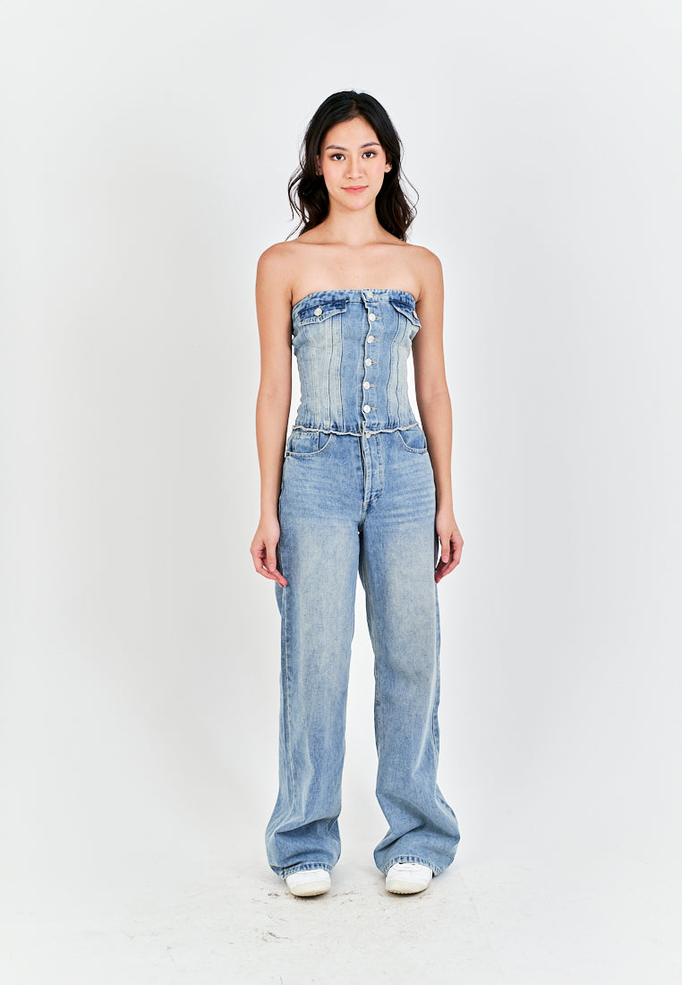 Conan Light Blue Denim Buttons Up Smocked Back Multi-Pockets Tube Jumpsuit