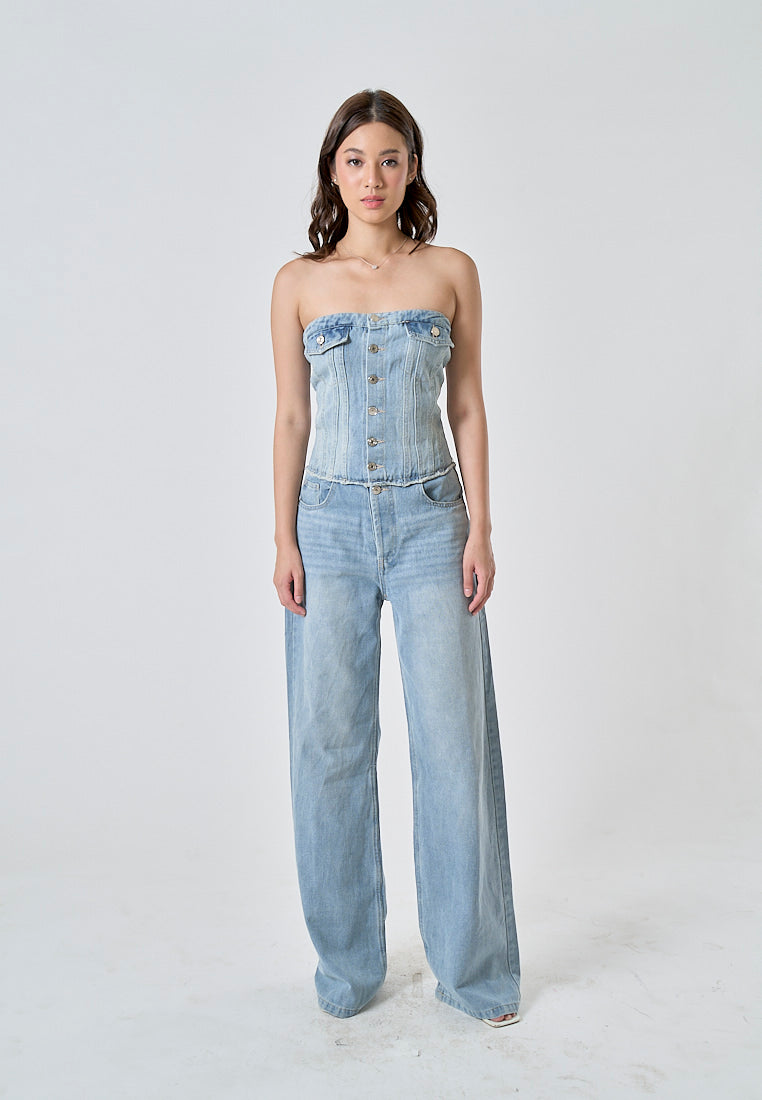 Conan Light Blue Denim Buttons Up Smocked Back Multi-Pockets Tube Jumpsuit