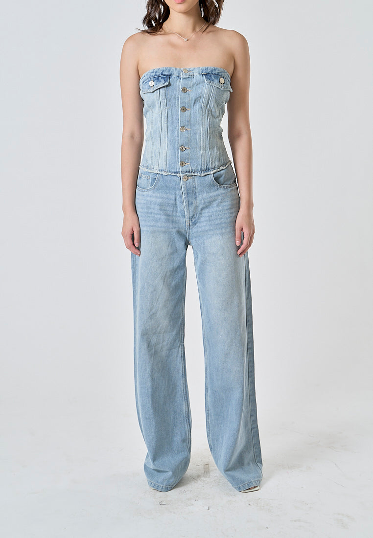 Conan Light Blue Denim Buttons Up Smocked Back Multi-Pockets Tube Jumpsuit