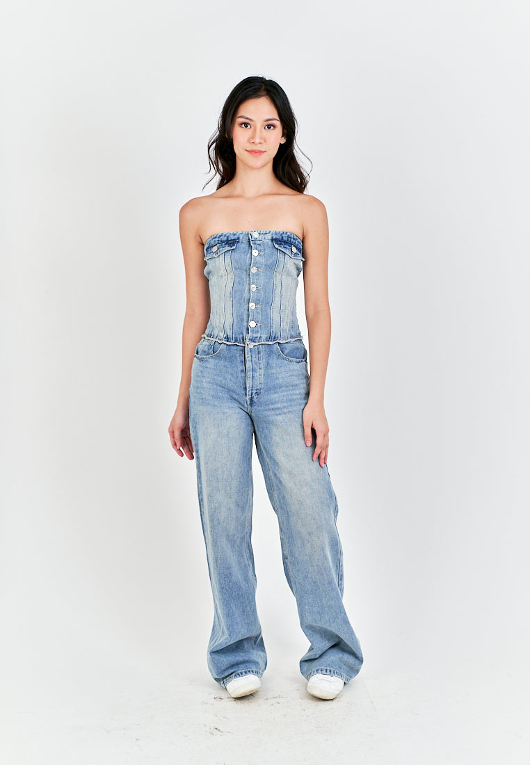 Conan Light Blue Denim Buttons Up Smocked Back Multi-Pockets Tube Jumpsuit