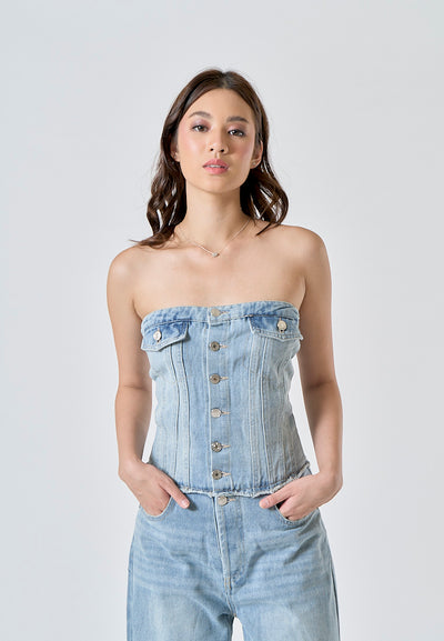 Conan Light Blue Denim Buttons Up Smocked Back Multi-Pockets Tube Jumpsuit