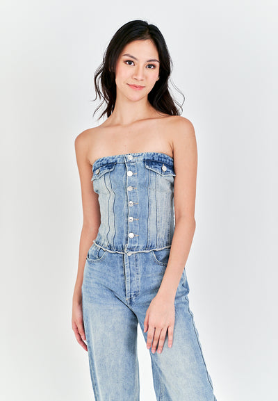 Conan Light Blue Denim Buttons Up Smocked Back Multi-Pockets Tube Jumpsuit