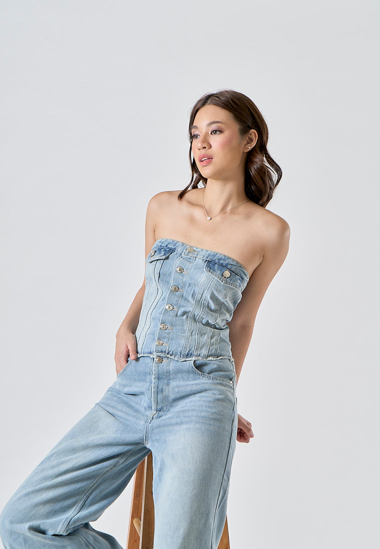 Conan Light Blue Denim Buttons Up Smocked Back Multi-Pockets Tube Jumpsuit