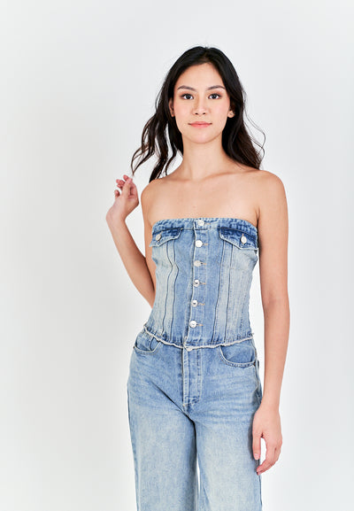 Conan Light Blue Denim Buttons Up Smocked Back Multi-Pockets Tube Jumpsuit