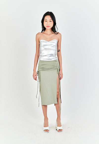 Georgene Sage Ruched Sides Slit Lace Up Midi Skirt