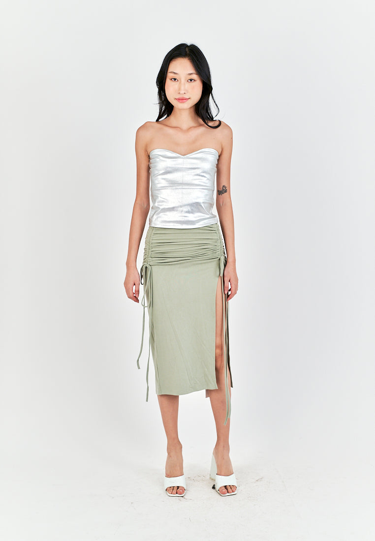 Georgene Sage Ruched Sides Slit Lace Up Midi Skirt