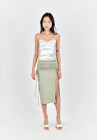 Georgene Sage Ruched Sides Slit Lace Up Midi Skirt