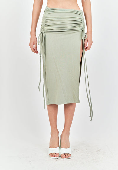 Georgene Sage Ruched Sides Slit Lace Up Midi Skirt