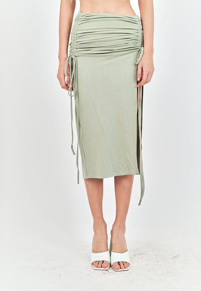 Georgene Sage Ruched Sides Slit Lace Up Midi Skirt