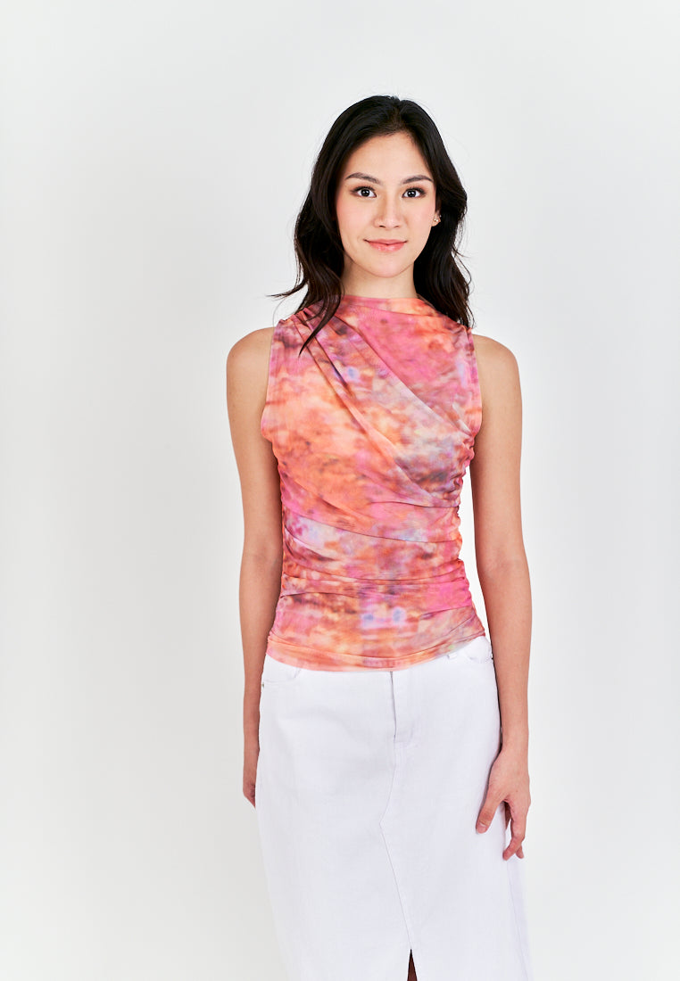 Radha Multi Color Tie Dye Crew Neckline Pleated Mesh Top