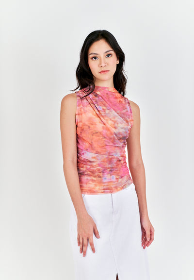 Radha Multi Color Tie Dye Crew Neckline Pleated Mesh Top