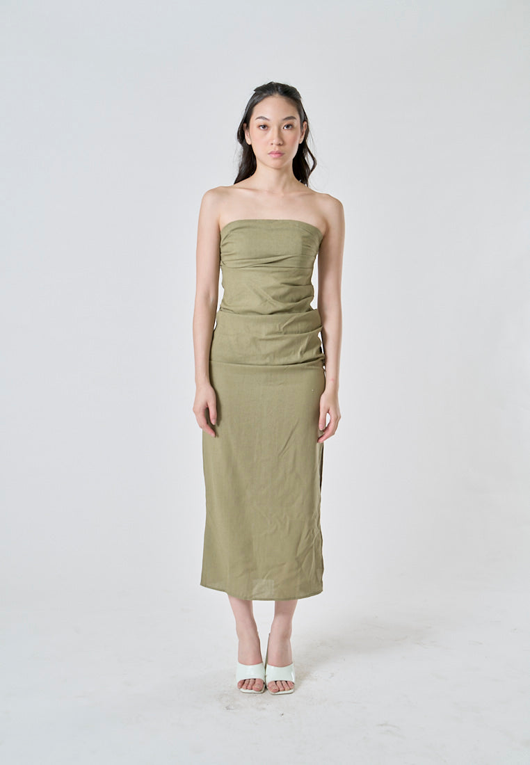 Caye Sage Pleated Side Zipper Casual Tube Midi Dress