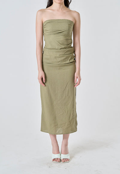 Caye Sage Pleated Side Zipper Casual Tube Midi Dress