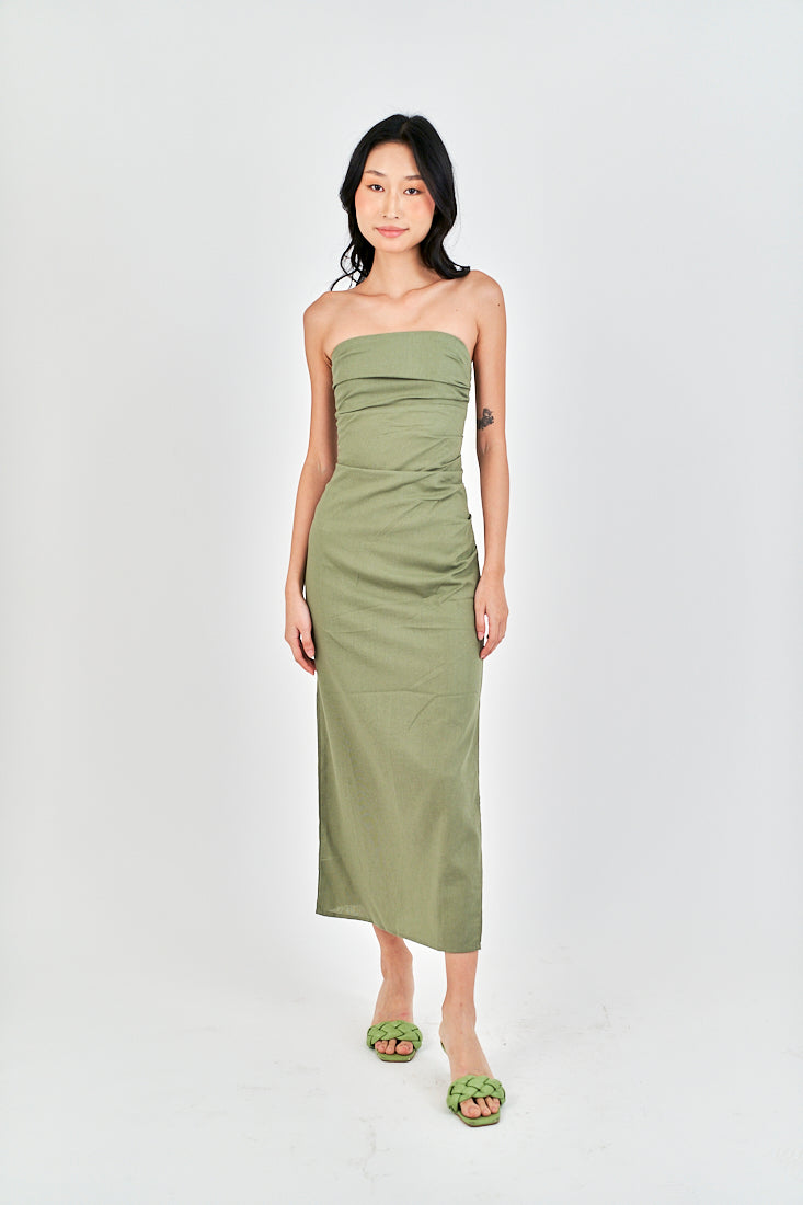 Caye Sage Pleated Side Zipper Casual Tube Midi Dress