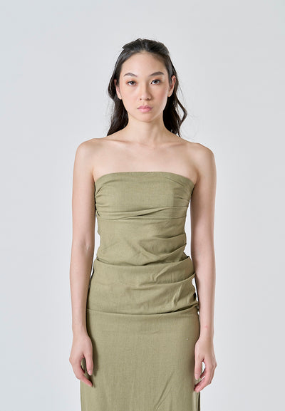 Caye Sage Pleated Side Zipper Casual Tube Midi Dress