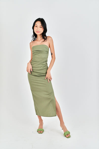 Caye Sage Pleated Side Zipper Casual Tube Midi Dress