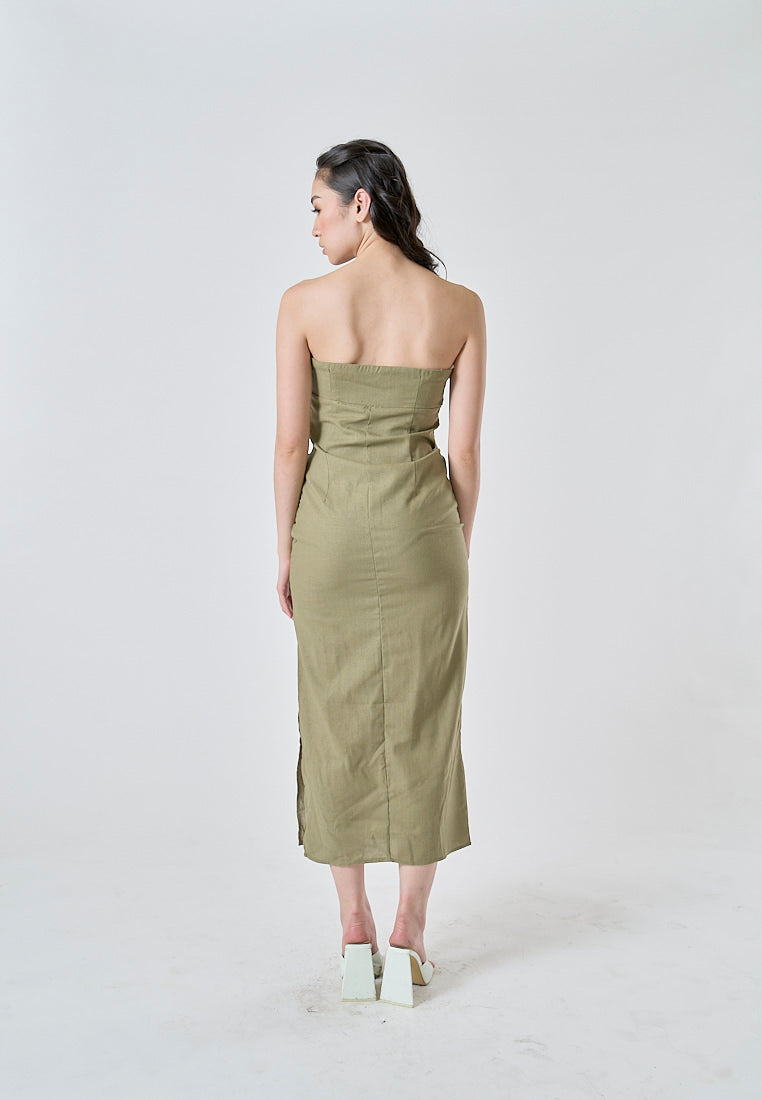 Caye Sage Pleated Side Zipper Casual Tube Midi Dress