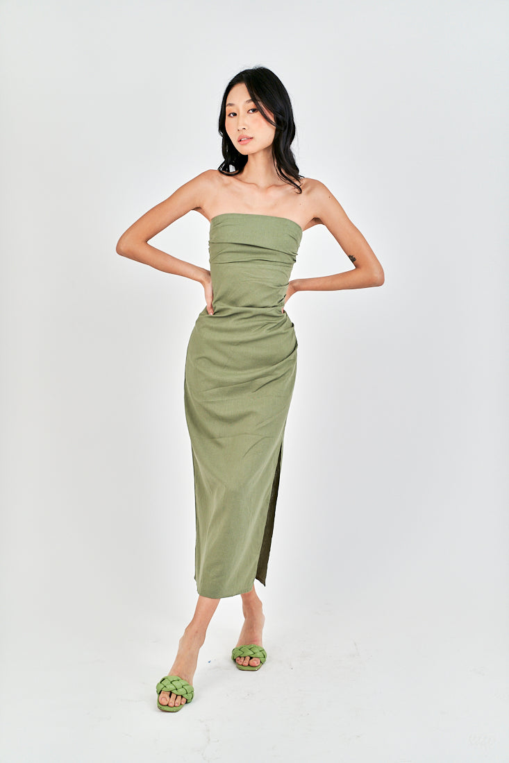 Caye Sage Pleated Side Zipper Casual Tube Midi Dress