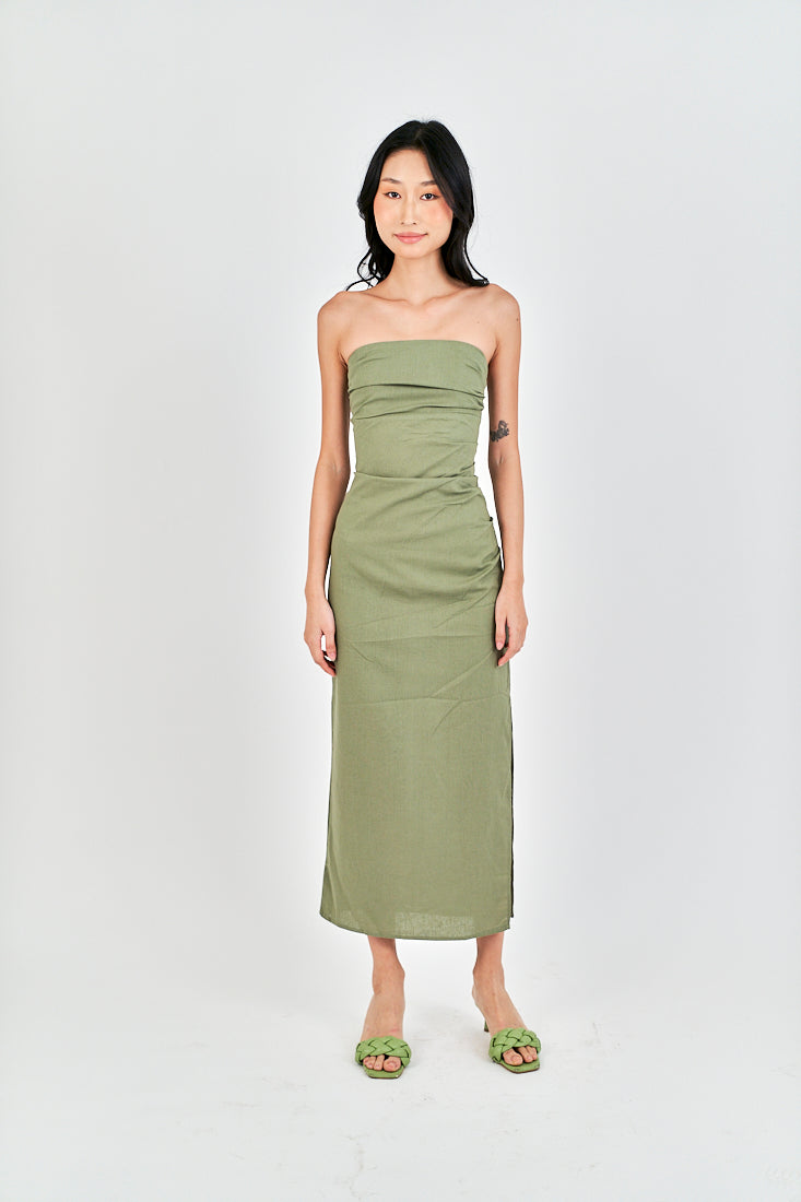 Caye Sage Pleated Side Zipper Casual Tube Midi Dress