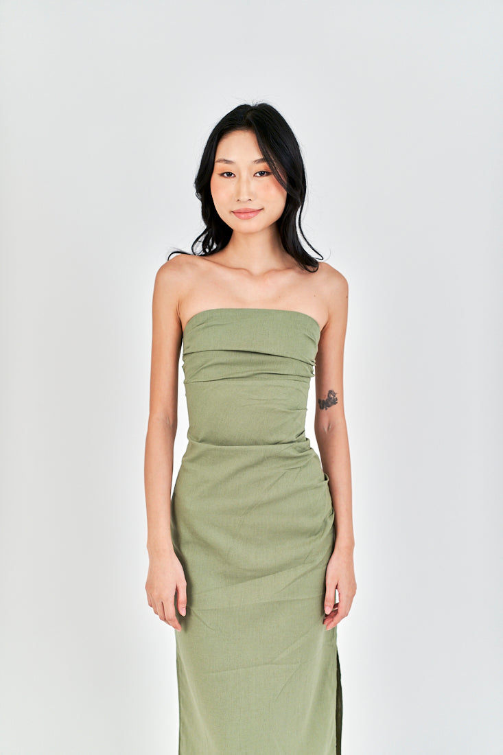 Caye Sage Pleated Side Zipper Casual Tube Midi Dress