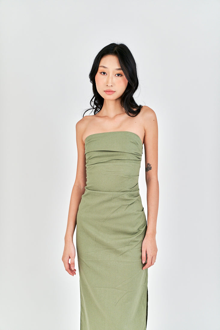 Caye Sage Pleated Side Zipper Casual Tube Midi Dress